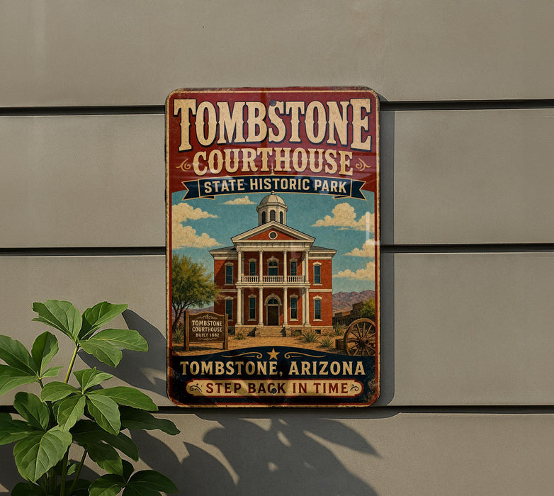 A vintage-style metal sign for Tombstone Courthouse State Historic Park in Arizona, featuring an illustration of the historic building and the text "Tombstone Courthouse State Historic Park" and "Tombstone, Arizona Step back in time".