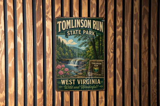 A vintage metal sign for Tomlinson Run State Park in West Virginia, featuring a scenic illustration of the park's waterfall and surrounding forest.