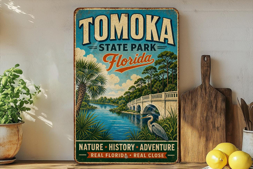 A vintage-style metal sign for Tomoka State Park, Florida, featuring a scenic illustration of a river, palm trees, and a bridge.