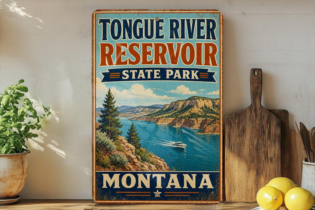 A vintage-style sign for Tongue River Reservoir State Park in Montana, featuring a scenic landscape with a river, mountains, and a boat.