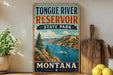 A vintage-style sign for Tongue River Reservoir State Park in Montana, featuring a scenic landscape with a river, mountains, and a boat.