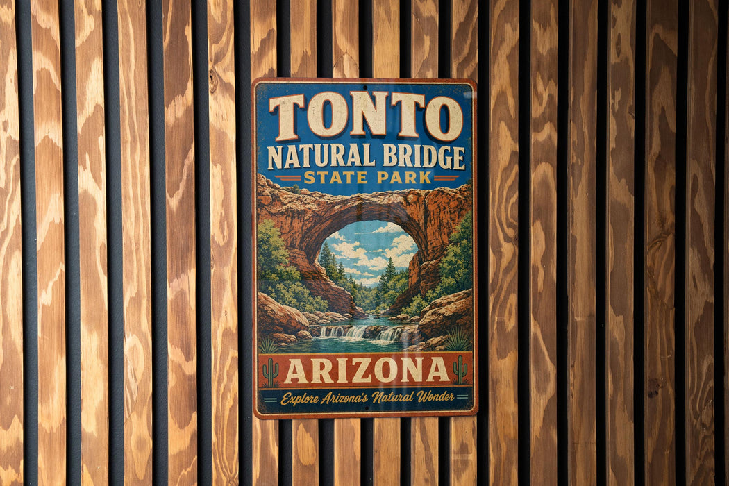 A vintage-style metal sign for Tonto Natural Bridge State Park in Arizona, featuring an illustration of the bridge and a waterfall.