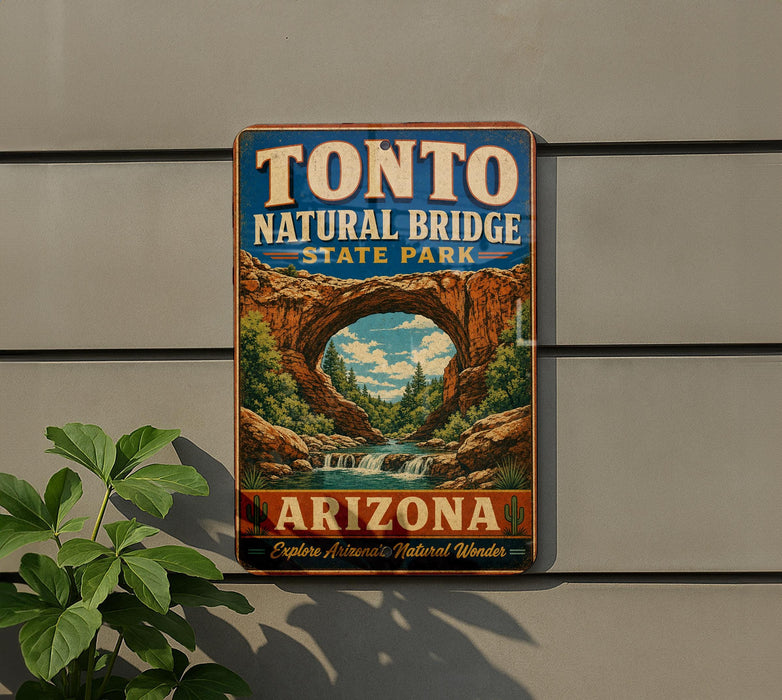 A vintage-style sign for Tonto Natural Bridge State Park in Arizona, featuring an illustration of the iconic arch and waterfall.