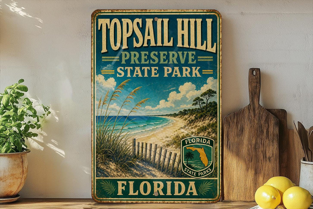 A vintage-style metal sign for Top sail Hill Preserve State Park in Florida, featuring a beach scene and a palm tree.