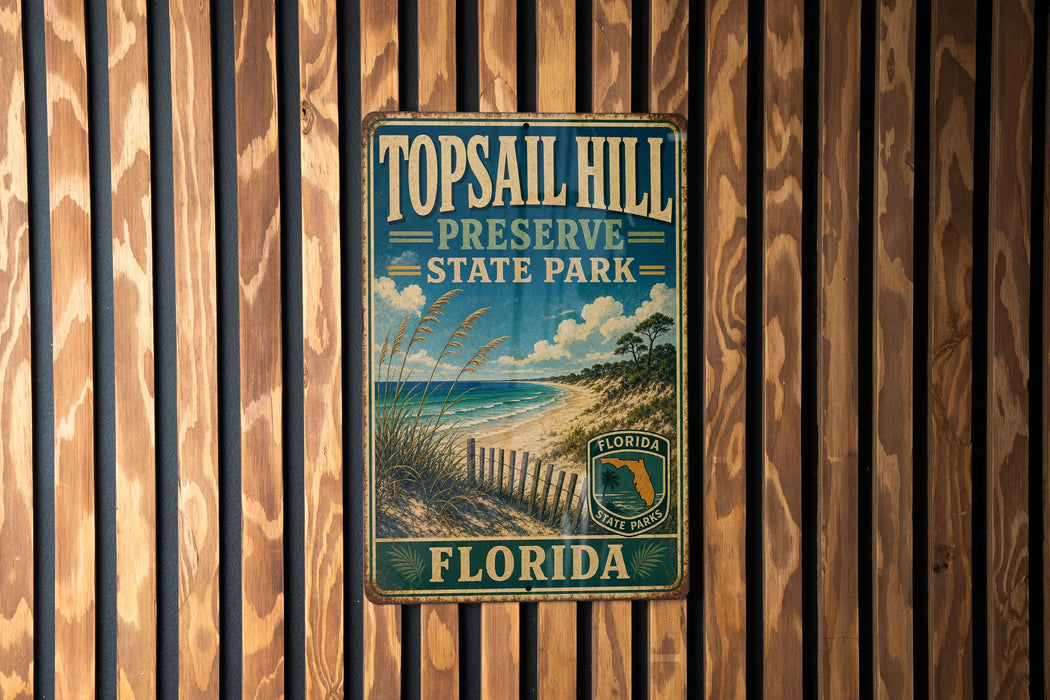 A vintage metal sign for Topsail Hill Preserve State Park in Florida, featuring a beach scene and palm trees.