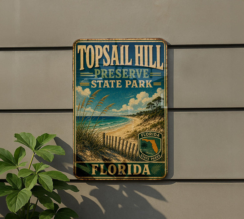 A vintage-style metal sign for Topsail Hill Preserve State Park in Florida, featuring a beach scene and palm trees.