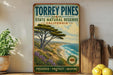A vintage-style sign for Torrey Pines State Natural Reserve in California, featuring a scenic landscape with a pine tree, ocean, and mountains.