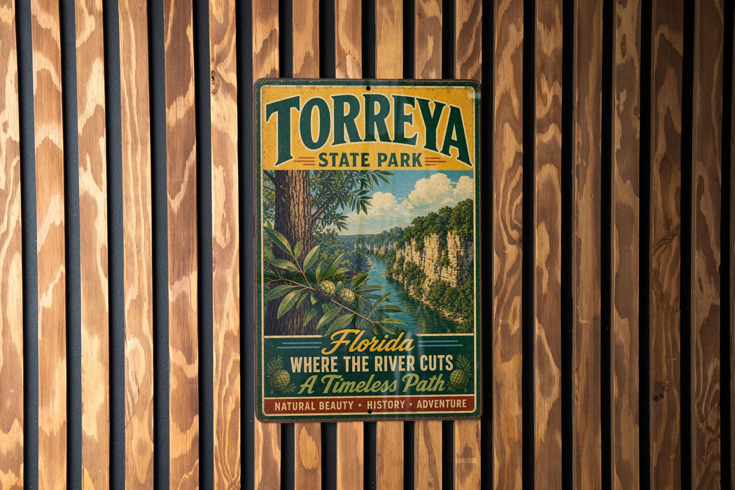 A vintage metal sign for Torreya State Park, featuring a scenic illustration of a river and lush vegetation, mounted on a wooden wall.