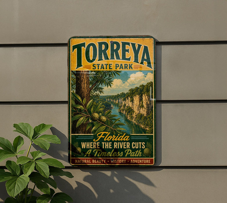 A vintage-style sign for Torrey State Park, featuring a scenic image of a river cutting through a lush, forested landscape.