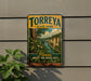 A vintage-style sign for Torrey State Park, featuring a scenic image of a river cutting through a lush, forested landscape.