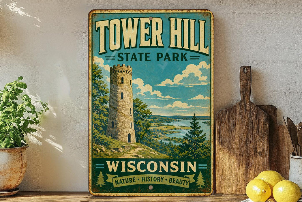 A vintage-style sign for Tower Hill State Park in Wisconsin, featuring a tower and a scenic landscape.
