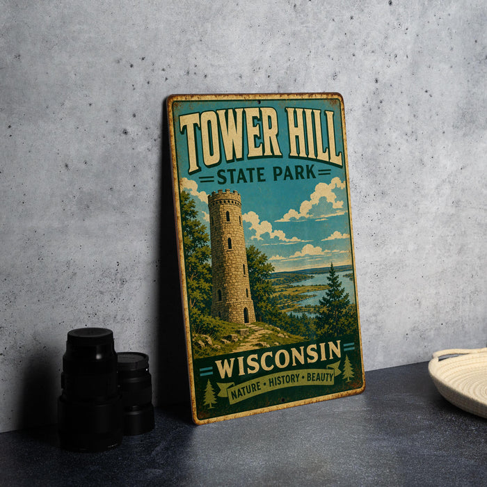 A vintage-style sign for Tower Hill State Park in Wisconsin, featuring a tower and a scenic landscape.