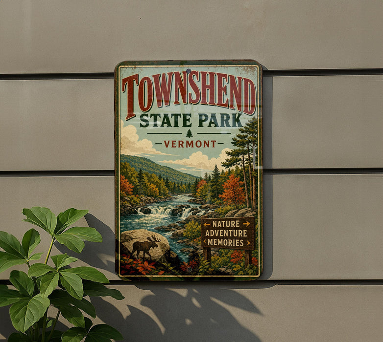 A vintage-style metal sign for Townshend State Park in Vermont, featuring a scenic landscape with a waterfall and autumn foliage.