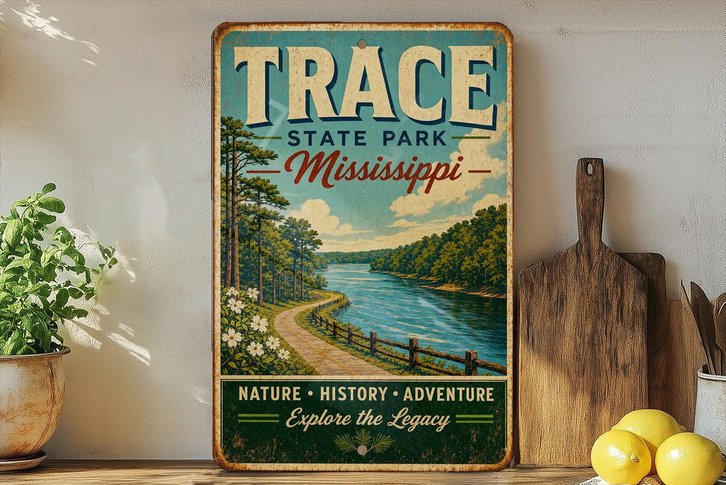 a vintage-style sign for Trace State Park in Mississippi, with a scenic illustration of a river and forest.
