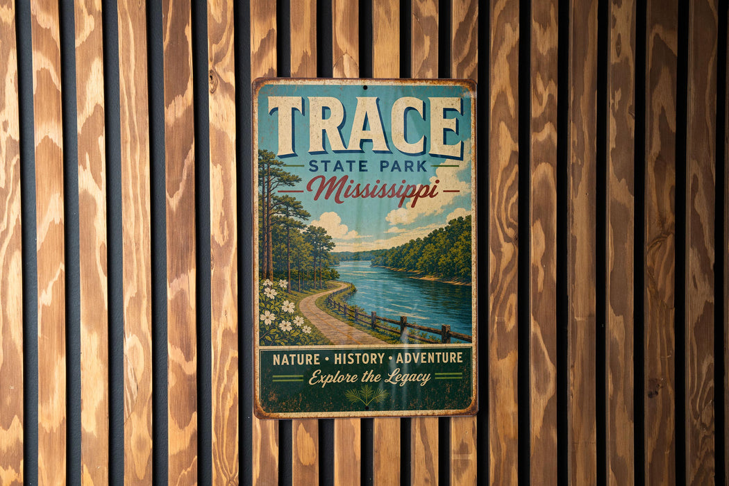 A vintage metal sign for Trace State Park in Mississippi, featuring a scenic image of a river and forest.
