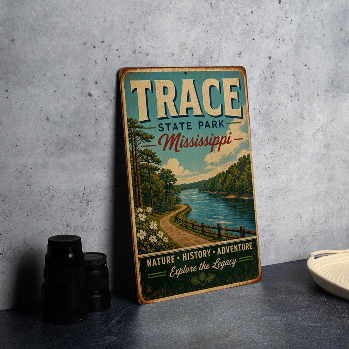 A vintage metal sign for Trace State Park in Mississippi, featuring a scenic illustration of a river and forest.