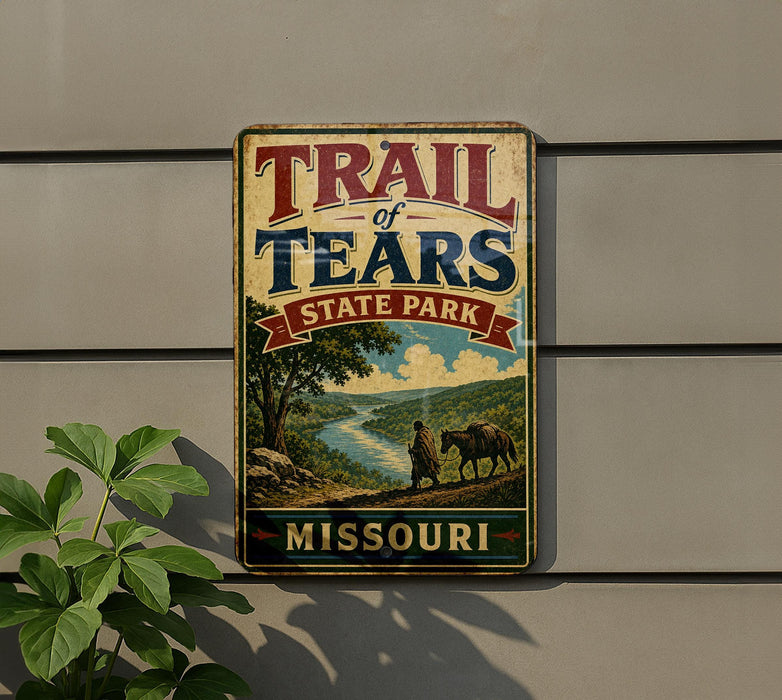 A vintage metal sign for Trail of Tears State Park in Missouri, featuring a scenic illustration of a river and a person on horseback.