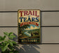 A vintage metal sign for Trail of Tears State Park in Missouri, featuring a scenic illustration of a river and a person on horseback.