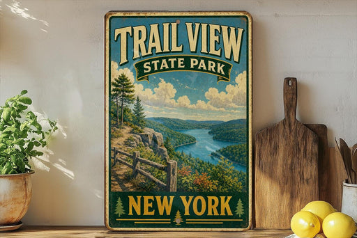 A vintage-style sign for Trail View State Park in New York, featuring a scenic landscape with a river and mountains in the background.