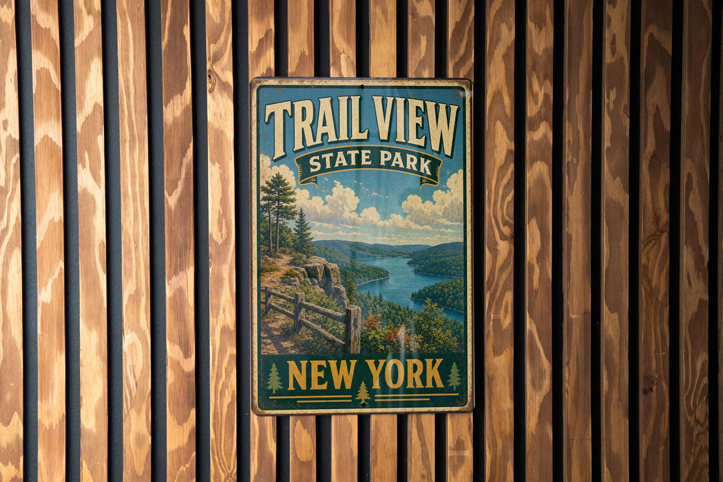 A vintage metal sign for Trail View State Park in New York, featuring a scenic landscape with a river and mountains.