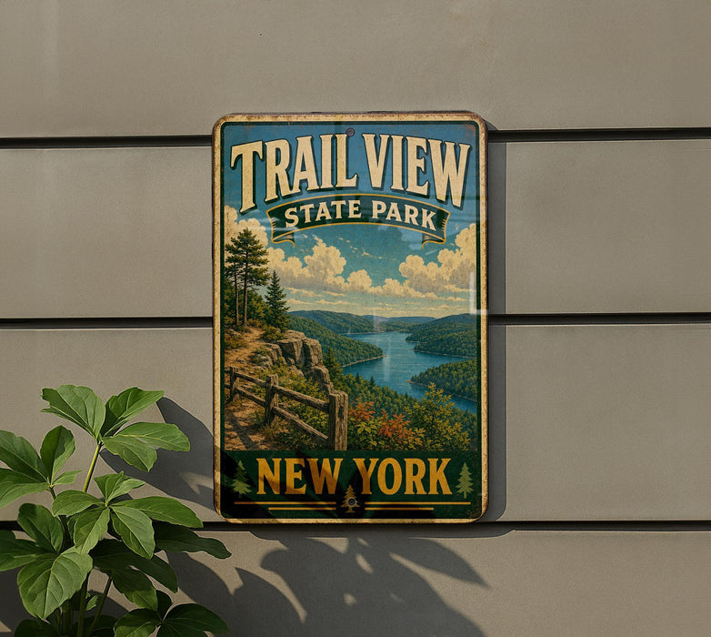 A vintage-style metal sign for Trail View State Park in New York, featuring a scenic landscape with a river, mountains, and a wooden fence.