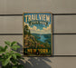 A vintage-style metal sign for Trail View State Park in New York, featuring a scenic landscape with a river, mountains, and a wooden fence.