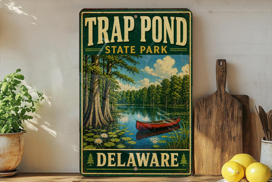 A vintage metal sign for Trap Pond State Park in Delaware, featuring a painting of a red canoe on a pond surrounded by trees and a cloudy sky.