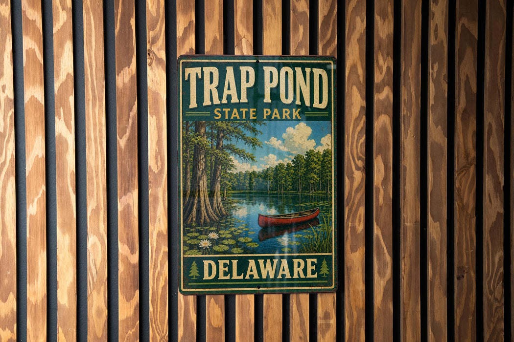 A metal sign for Trap Pond State Park in Delaware, featuring a painting of a red canoe on a lake surrounded by trees.