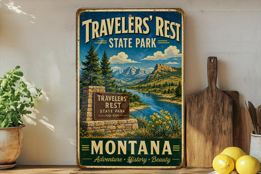 A vintage-style metal sign for Travelers' Rest State Park in Montana, featuring a scenic landscape with mountains, a river, and a stone signpost.