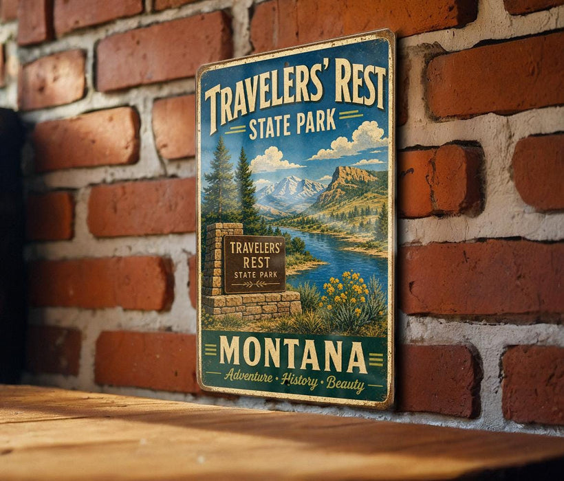 A vintage metal sign for Travelers' Rest State Park in Montana, featuring a scenic landscape with mountains, a river, and a stone sign.