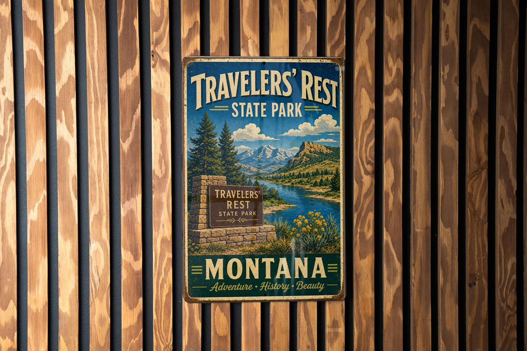 A vintage metal sign for Travelers' Rest State Park in Montana, featuring a scenic landscape with mountains, a river, and pine trees.