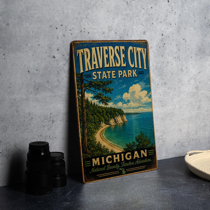 A vintage-style sign for Traverse City State Park in Michigan, featuring a scenic beach and lake landscape.