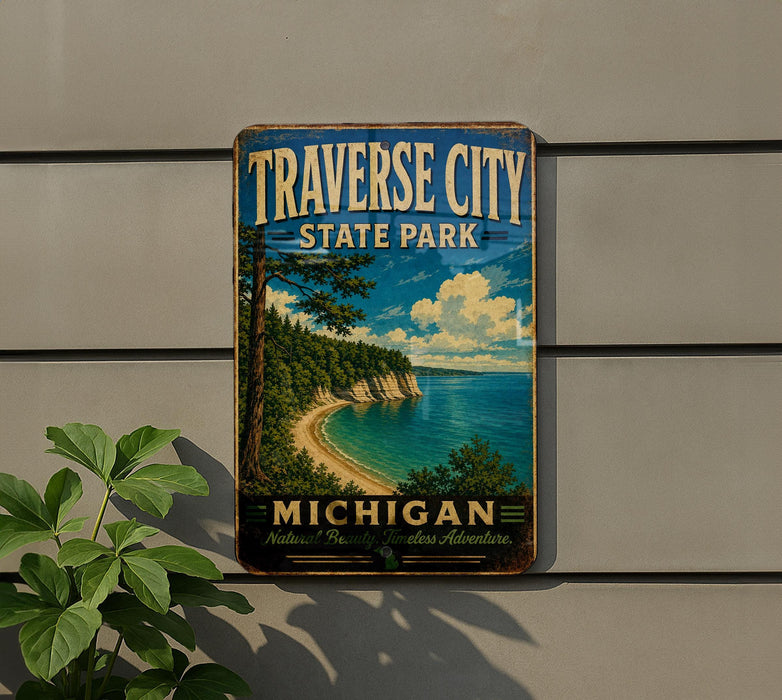 A vintage-style sign for Traverse City State Park in Michigan, featuring a scenic landscape with a beach, cliffs, and a lake.