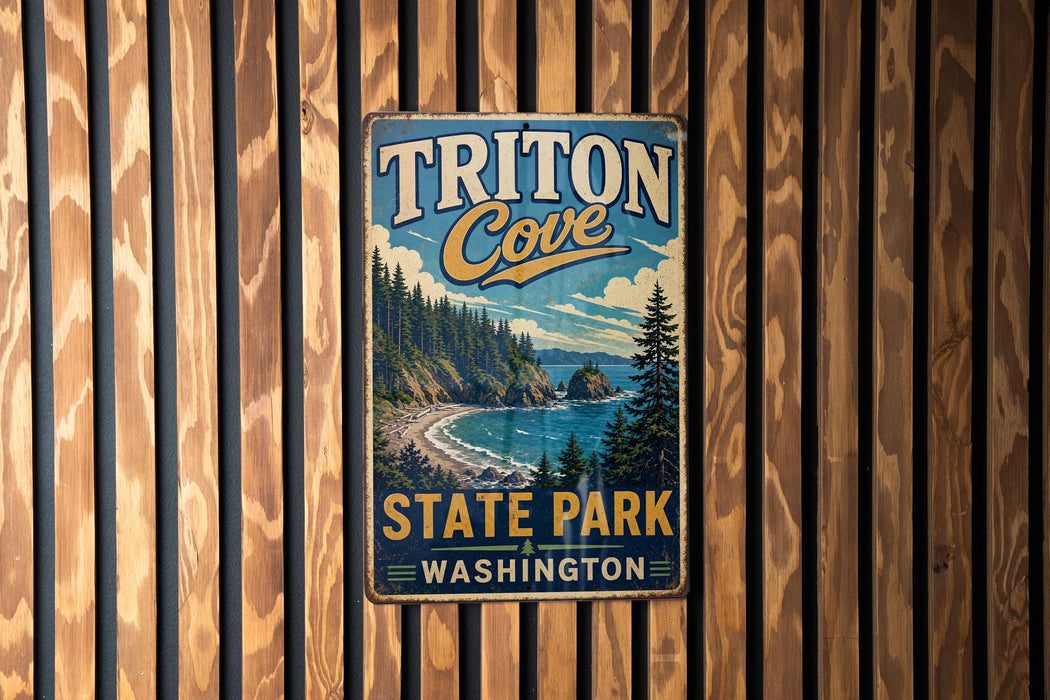 A vintage metal sign for Triton Cove State Park in Washington, featuring a scenic landscape with pine trees, a beach, and a body of water.