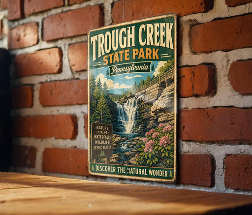 A vintage-style metal sign for the Tough Creek State Park in Pennsylvania, featuring a scenic illustration of a waterfall surrounded by nature.
