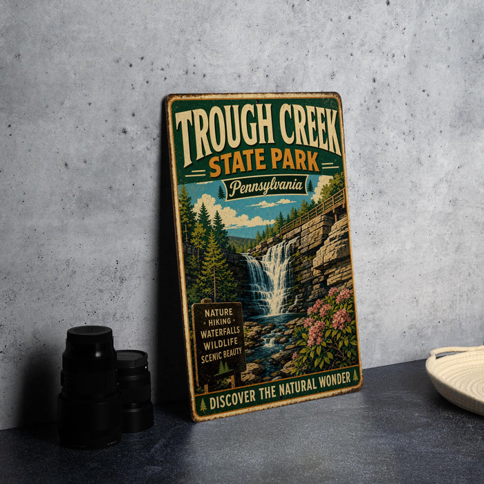 A vintage-style metal sign for the Trough Creek State Park in Pennsylvania, featuring a waterfall and lush greenery, is displayed on a gray countertop.