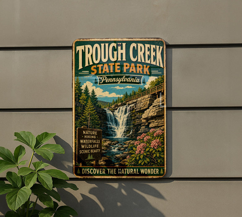 A vintage metal sign for Trough Creek State Park in Pennsylvania, featuring a scenic illustration of a waterfall surrounded by nature.