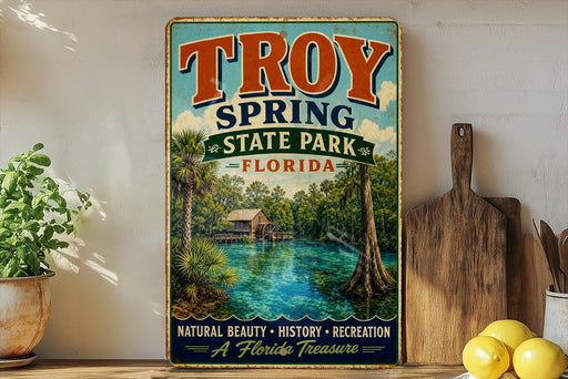A vintage-style sign for Troy Spring State Park in Florida, featuring a scenic image of a river, palm trees, and a wooden cabin.