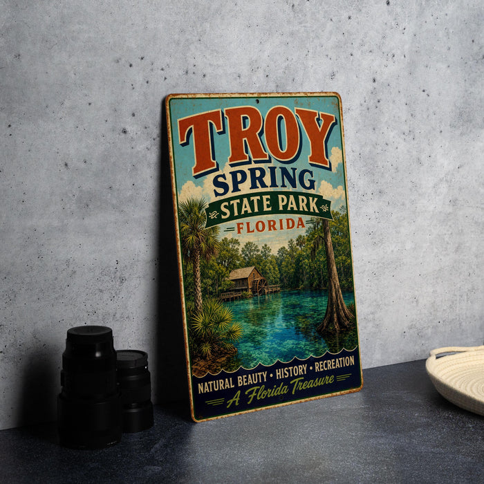 A vintage-style metal sign for Troy Spring State Park in Florida, featuring a scenic image of the park and its surroundings.