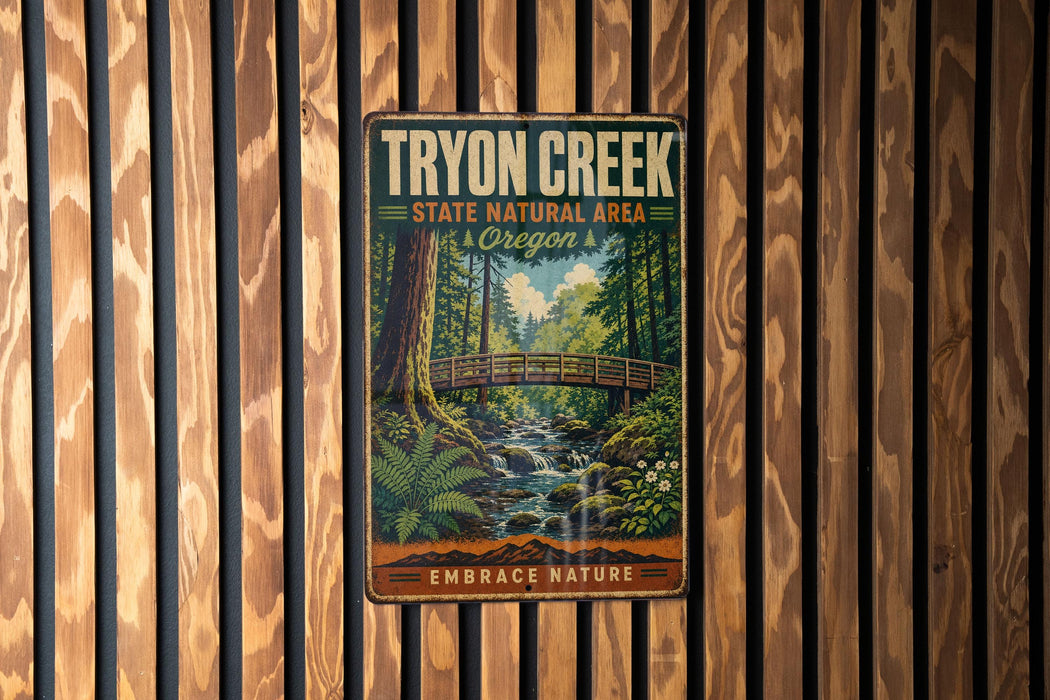 A vintage metal sign for Tryon Creek State Natural Area in Oregon, featuring a scenic illustration of a forest and a bridge.