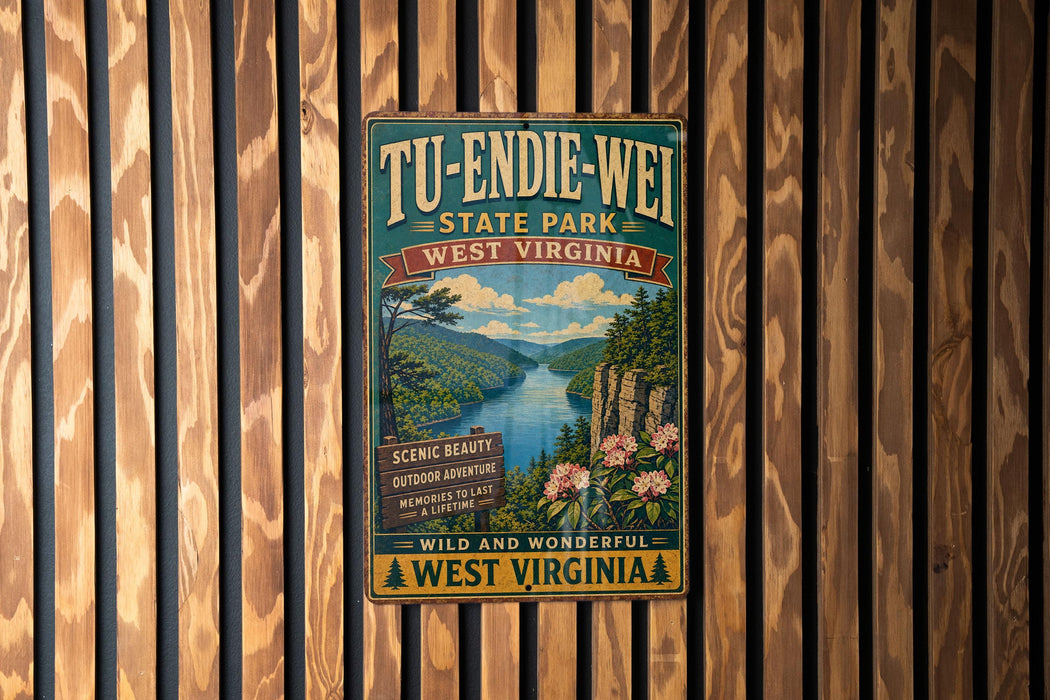 A vintage-style metal sign for Tu-Endie-Wei State Park in West Virginia, featuring a scenic landscape with a river and mountains.