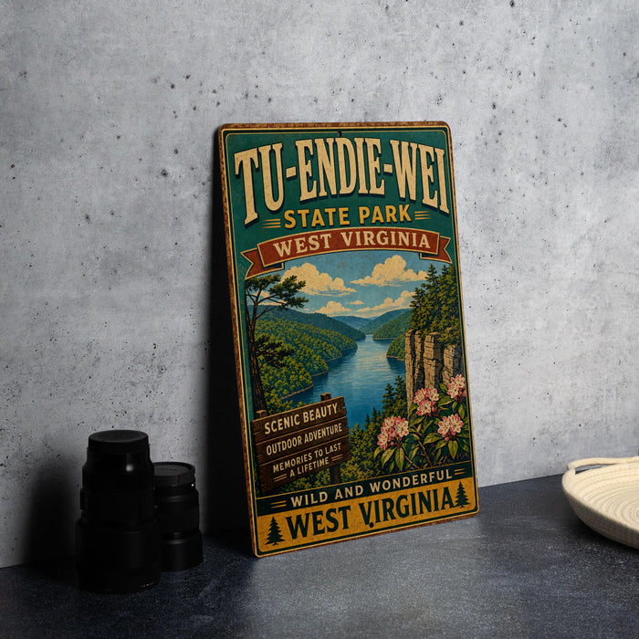 A vintage-style poster advertising Tu-Endie-Wei State Park in West Virginia, featuring a scenic mountain landscape with a river and flowers.
