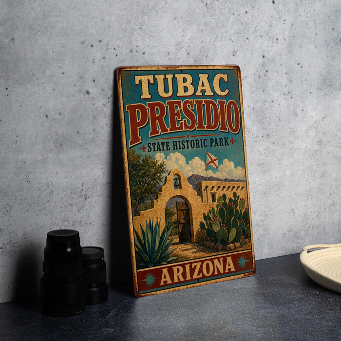 A vintage-style poster advertising Tubac Presidio State Historic Park in Arizona, featuring an illustration of a historic building surrounded by desert vegetation.