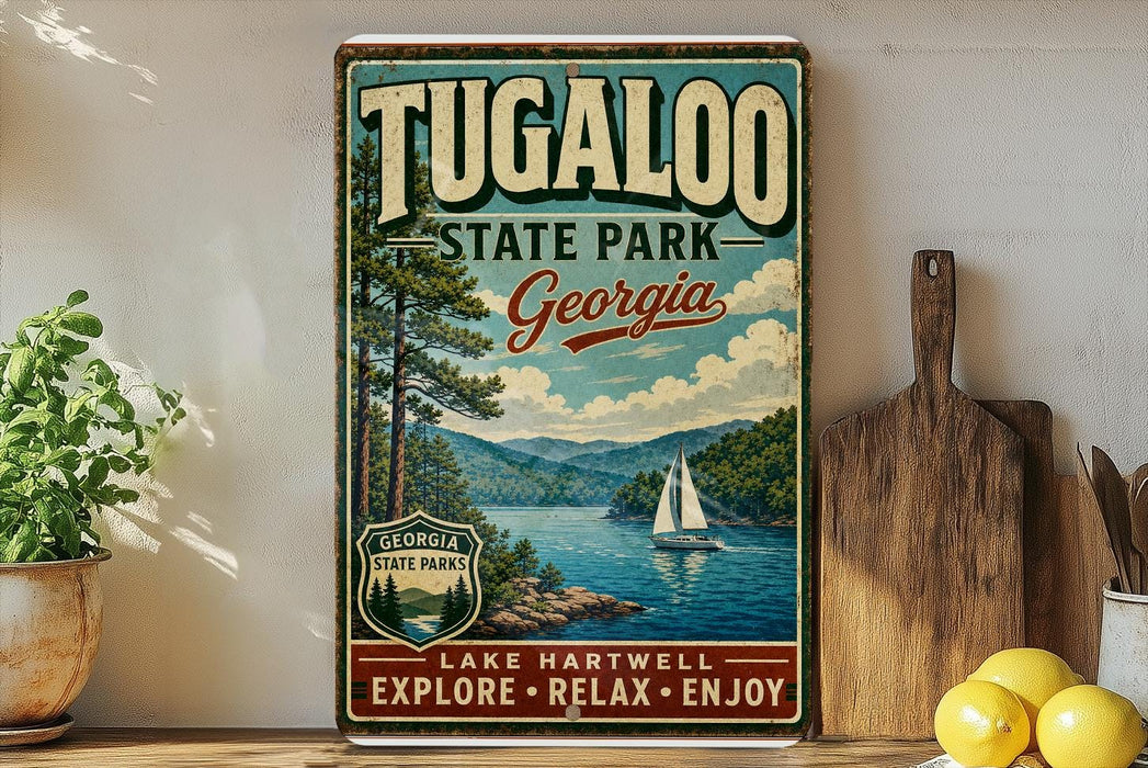 A vintage-style metal sign for Tugaloo State Park in Georgia, featuring a scenic illustration of a lake, mountains, and a sailboat.
