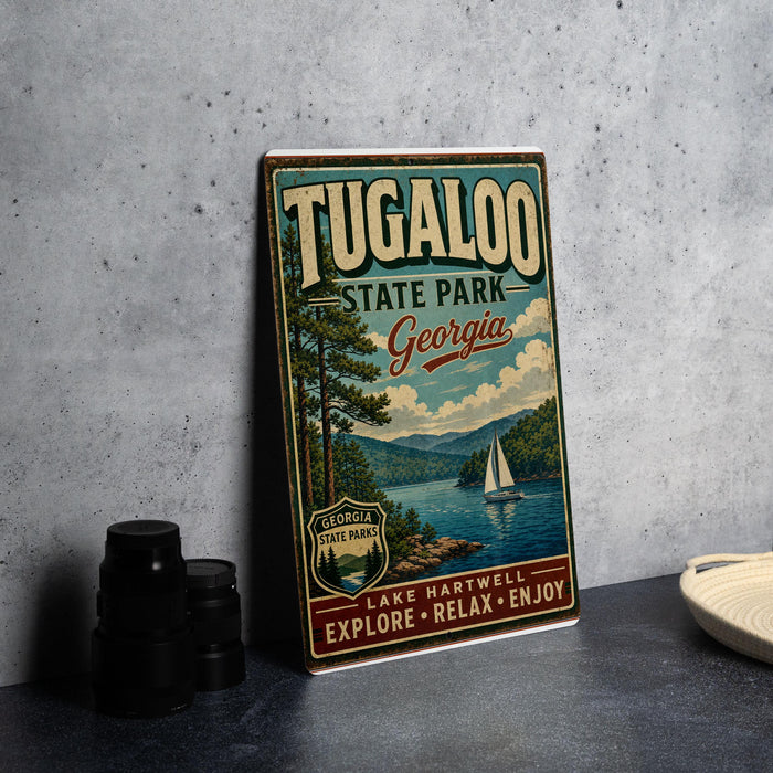 A vintage-style metal sign for Tugaloo State Park in Georgia, featuring a scenic landscape with a lake, mountains, and a sailboat.