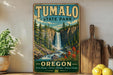 A vintage-style sign for Tumalo State Park in Oregon, featuring a waterfall and forest landscape.