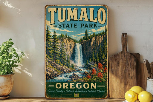 A vintage-style sign for Tumalo State Park in Oregon, featuring a waterfall and forest landscape.