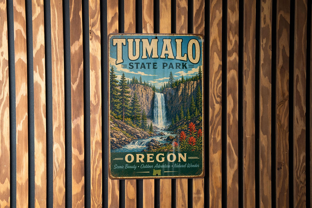 A vintage-style metal sign for Tumalo State Park in Oregon, featuring a waterfall and forest scenery.