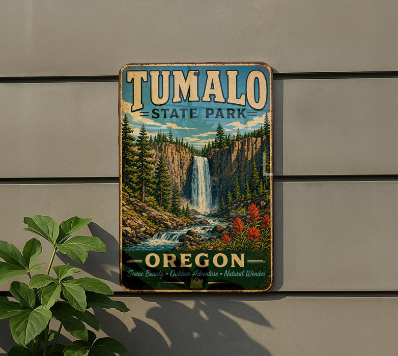 A vintage-style sign for Tumalo State Park in Oregon, featuring a waterfall and forest landscape.