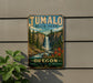 A vintage-style sign for Tumalo State Park in Oregon, featuring a waterfall and forest landscape.